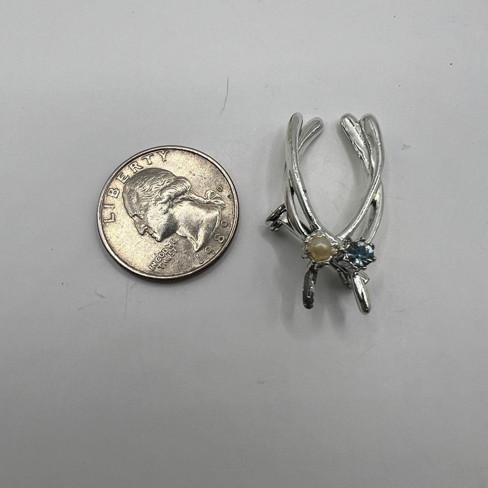 Vintage Double Wishbone Brooch Faux Pearl Blue Rhinestone Silver Tone‎ Pin - Picture 2 of 7